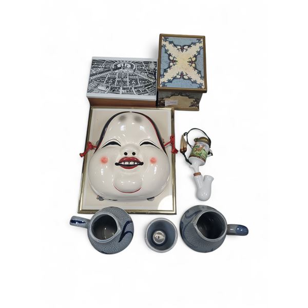 Assorted Tableware & Decor - Otafuku Mask, Decorative Boxes, Pewter Tankards, and Bottles
