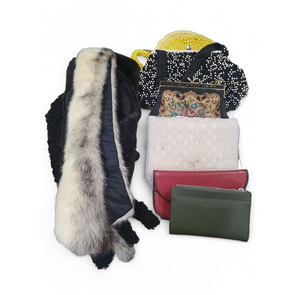 Group of Women’s Accessories - Faux Fur Stoles, Beaded Evening Bags, Tapestry Purse, and Wa