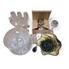Image 1 : Group of 12 Assorted Glassware: Crystal Punch Bowl, Champagne Flute, and Wavy Art‑Glass Cen