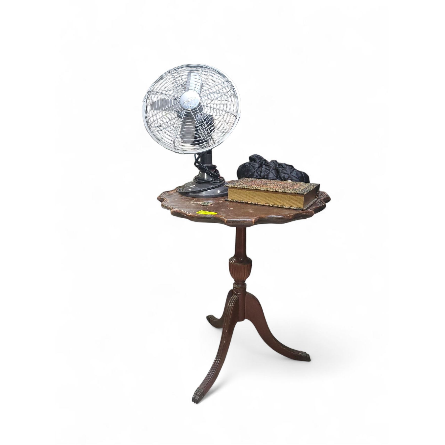 Sunbeam Table Fans Scalloped‑Edge Tripod Pedestal Side Table and Vintage Sunbeam Fan