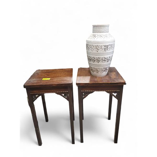 West Germany Mid Century Ceramic Vase White and Pair of Wooden Side Tables (H 21" x 30" x 30")