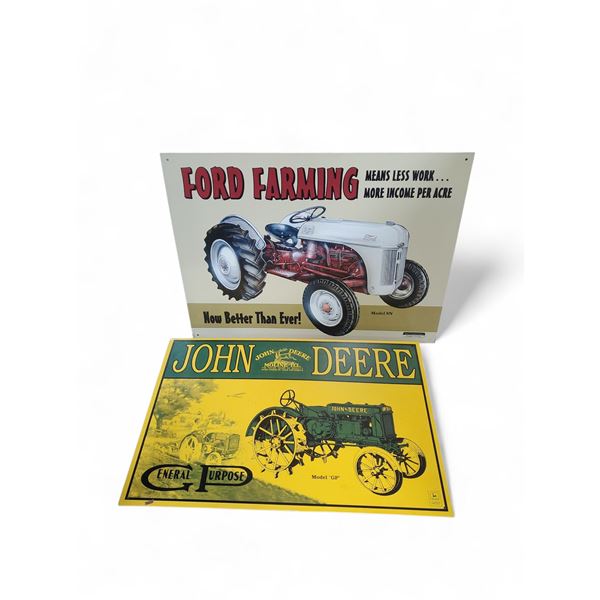 Group of 2 New Tractor Metal Signs - Ford Farming (16" x 12.5") & John Deere (16" x 11")