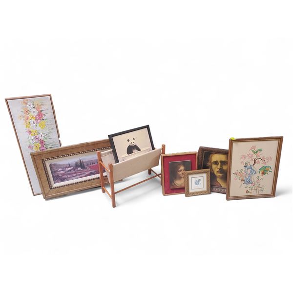 Group of 7 Framed Art Pieces & Mid‑Century Style Wooden Magazine Rack