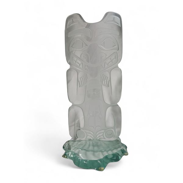 David Montpetit Etched Glass Totem Sculpture -15" tall on a 10" x 8" base