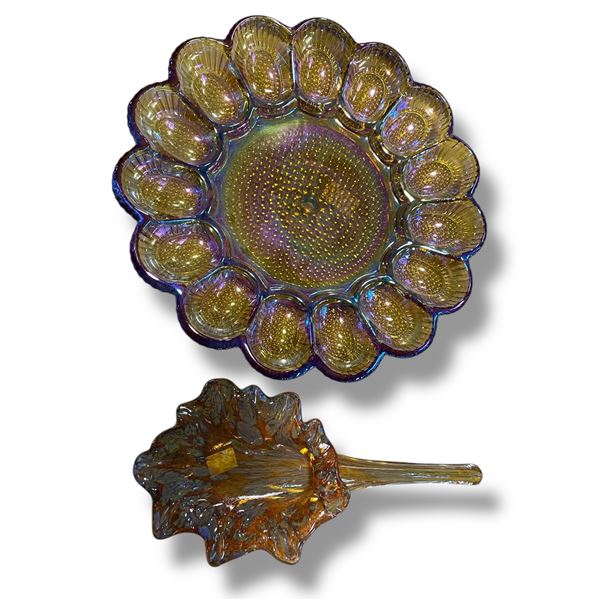 2 Vintage Carnival Glass Pieces – Iridescent 12" Deviled Egg Serving Tray & Hand Blown Glas