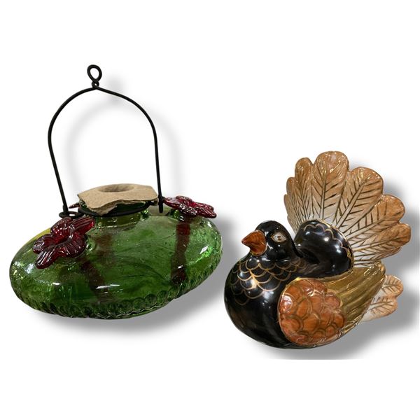 Handcrafted Green Glass Hummingbird Feeder & Ceramic Turkey Figurine Decor