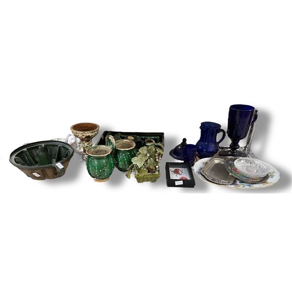 Group of Vintage Mixed Pottery, Green Glazed Planters, Decorative Plates, and More
