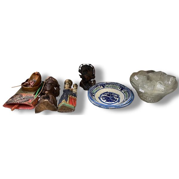Group of Hand-Carved Wooden Figurines, Folk Art Wall Plaque, and More