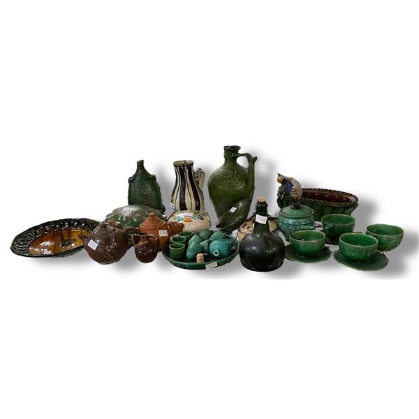 Large Group of Handcrafted Glazed Pottery Includes Jugs, Bowls, Cups, and Decorative Vessels