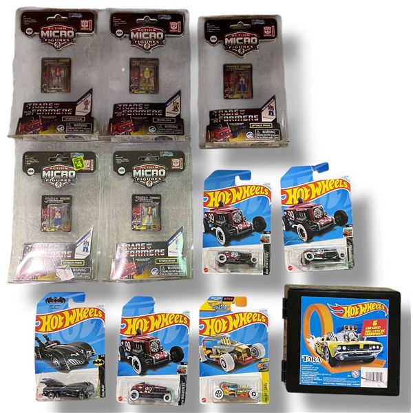 11 Pcs Mixed Transformers Micro Figures and Hot Wheels Includes Batman/HW Art Cars, plus case