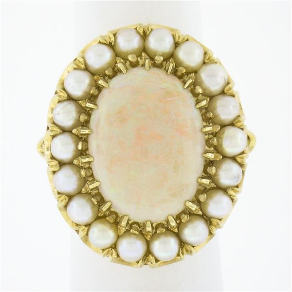Vintage 14K Yellow Gold Oval Cabochon Opal Solitaire & Pearl Bead Cocktail Ring