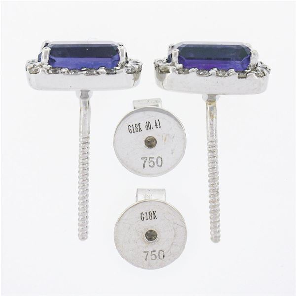 18k White Gold 3.38 ctw Rectangular Step Cut Amethyst & Diamond Halo Stud Earrin