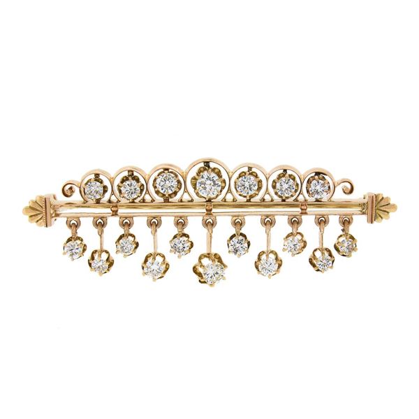 Vintage Victorian Revival 14k Rosy Gold 3.26 ctw Round Diamond Dangle Pin Brooch