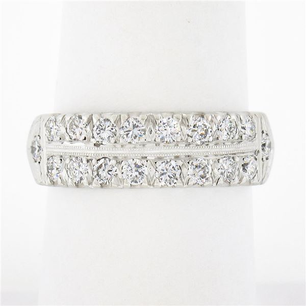 Vintage Platinum 1.0 ctw Dual Row Fishtail Pave Diamond Stack Wedding Band Ring