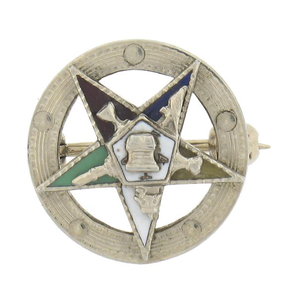 Antique Art Deco 14k White Gold Multi Colors Enamel Work Star Masonic Pin Brooch