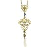 Image 6 : Art Nouveau Krementz 14K Gold Sapphire, Pearl & Enamel Lavalier Pendant & Chain