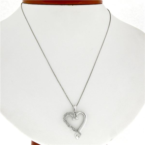 14K White Gold 16".20 ctw Round Pave Diamond Petite Heart Slide Pendant Necklace