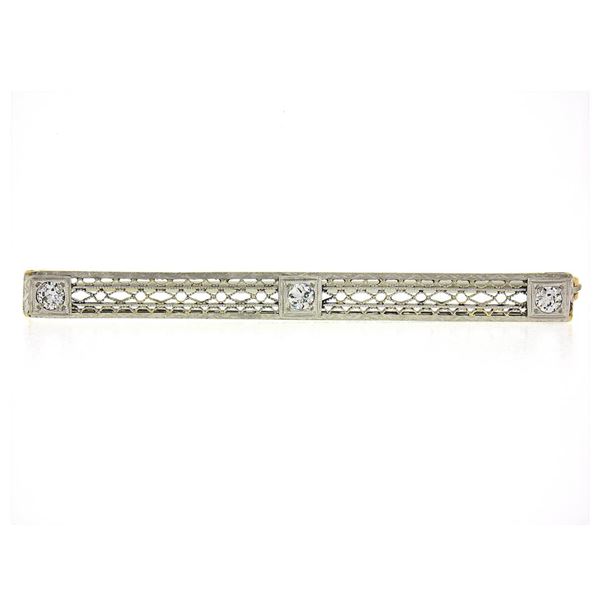 Antique Edwardian Platinum Top 14k Yellow Gold Diamond Filigree Bar Pin Brooch