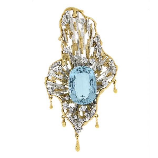 Large Vintage 18k Two Tone Gold 26 ctw GIA Aquamarine Diamond Hand Made Brooch