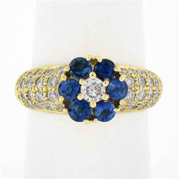 Fancy 18k Yellow Gold 1.71 ctw Sapphire & Diamond Cluster Flower Wide Band Ring