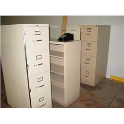 TABLE, COAT RACK, 4 DR FILE CABINETS (1X) & BOOKSHELF (6X)