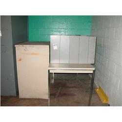 DESK, SHORT CABINET& PARTS CABINETS, TABLE (4X)