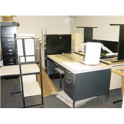 5,4,2, DRAWER FILE CABINETS (11), DESK (12), HP PLOTTER, PROJECTOR, EASELS, LAMP, FOOT REST, OFFICE 