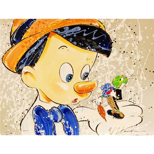 An Original David Willardson Embossed Serigraph of Pinochio and Jiminy Cricket.