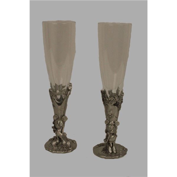 A Pair of Pewter Champagne Glasses featuring Mickey and Minnie Mouse