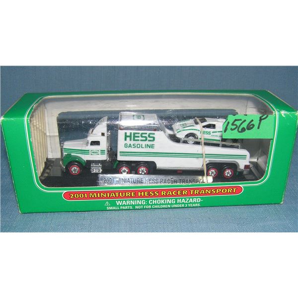 Vintage miniature Hess race car and transport truck