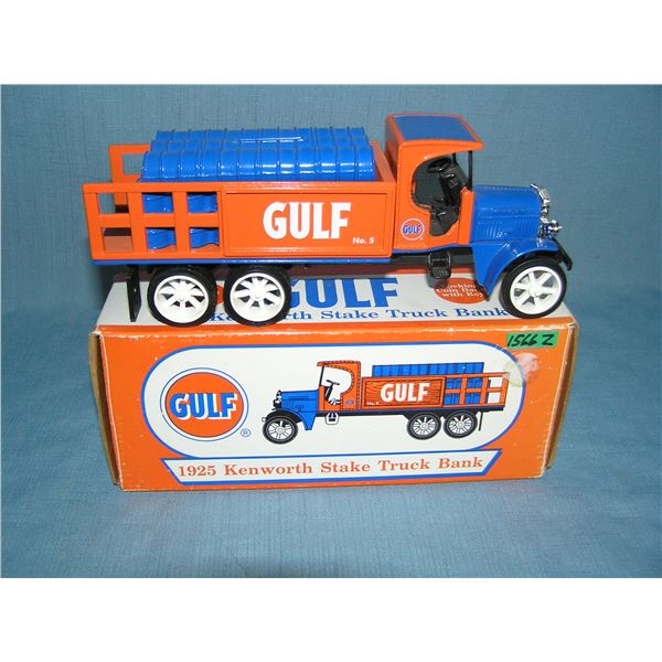 Vintage Gulf cast metal avertising truck bank with original box