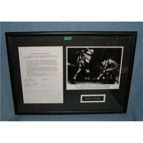 Autographed Jake LaMotta photo and signed contract