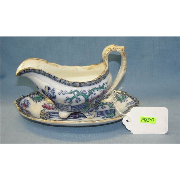 Antique hand painted Chinese gravy boat and tray