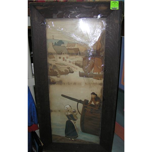 Early Dutch themed art work in a oak frame