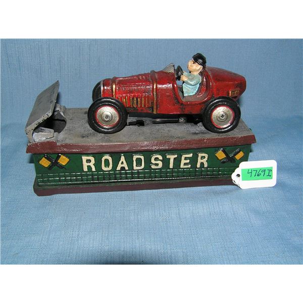 Roadster car racing cast iron mechanical bank