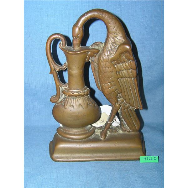 Early bronze bird drinking from urn bookend