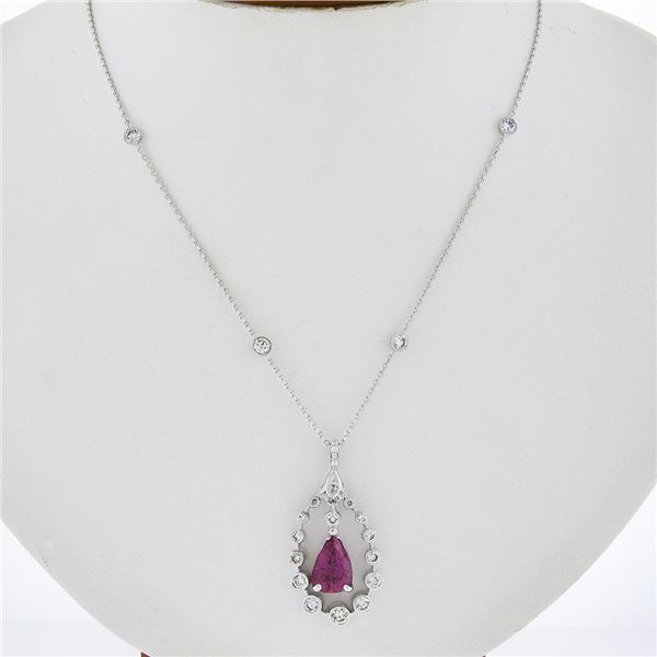 18K White Gold 4.12 ctw GIA Pear Ruby & Diamond Halo Pendant By the Yard Necklac