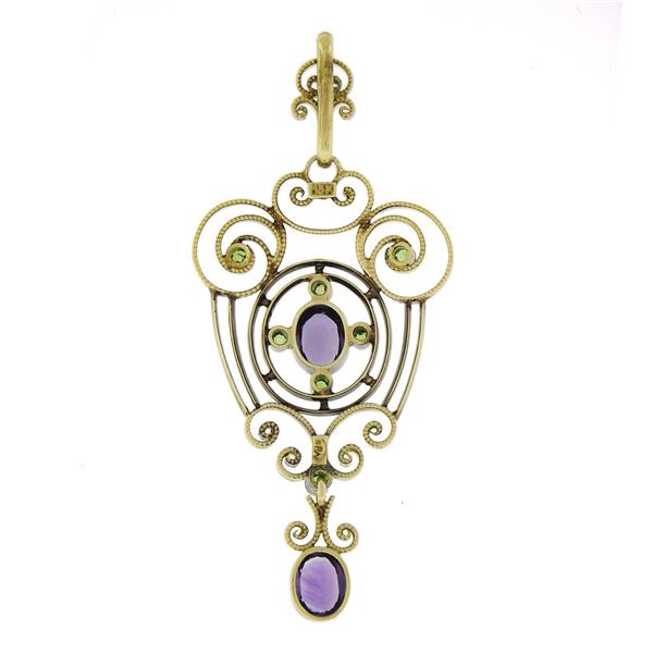 Antique Victorian 15k Gold Amethyst & Demantoid Garnet Dangle Lavalier Pendant