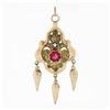 Image 1 : Antique Victorian 14k Gold Etruscan Revival Red Stone Leaf Tassel Dangle Pendant
