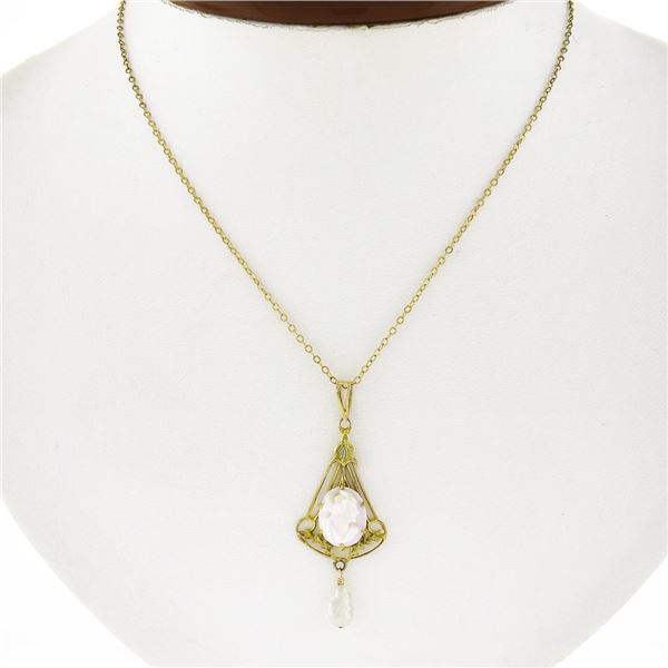 Antique 10k Gold Carved Cameo Hardstone w/ Pearl Dangle Lavalier Pendant Chain