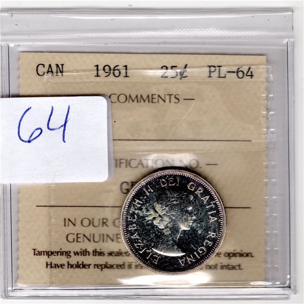64.  1961 TWENTY-FIVE CENT ICCS PL-64