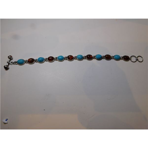 80.  AMBER AND TURQUOISE STERLING SILVER BRACELET