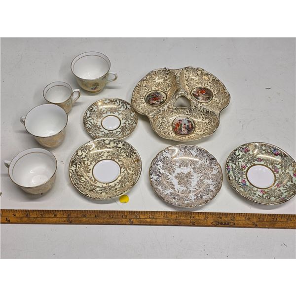 4 Heavily Gold Guilded "Colclough" Teacups + Serving Dish