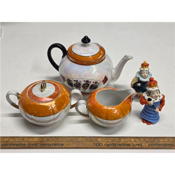 "Lusterware" Playing Card Pattern Teapot, Cream and Sugar and King and Queen From Alice in Wonderlan