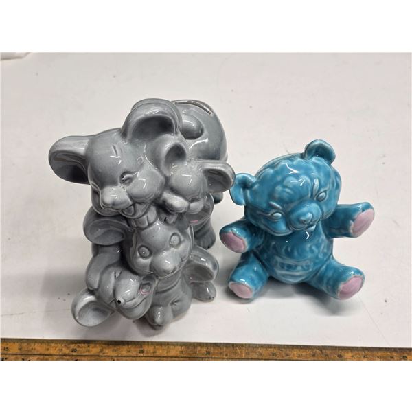 2 Piggy Banks - Pottery - Mouse and Teddy Bear
