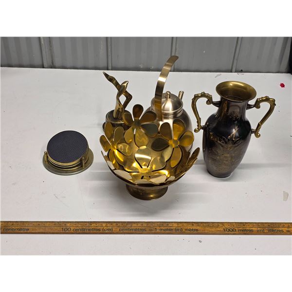 5 Pieces Brass Items including Brass Music Box - working and 6 Piece Coaster Set