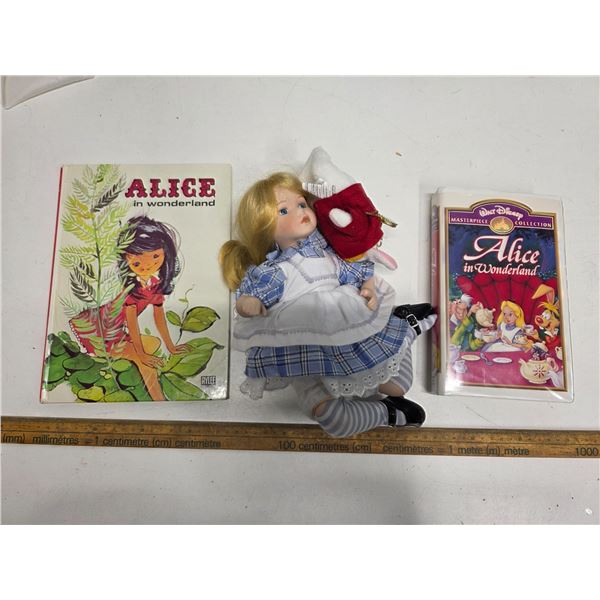 Alice in Wonderland Doll, Book Printed In the Netherlands and VHS
