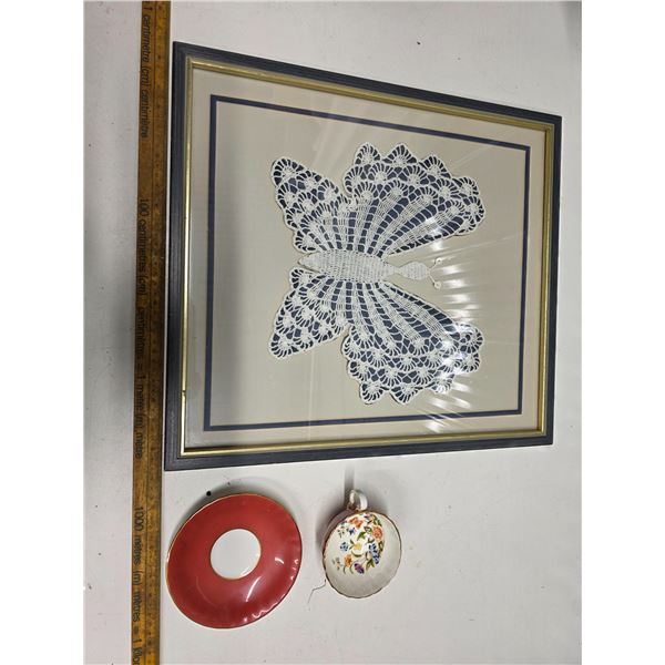 Crochet Professional Framed Butterfly 16.5x18.5 inches + Butterfly "Aynsley" Teacup