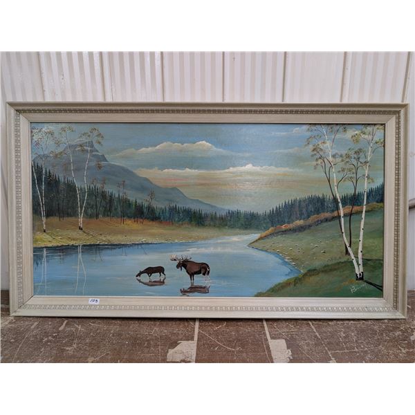 Painting of Large Land Scape w/ Moose in River by H.Beaudry 52"x29"