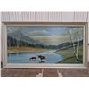 Image 1 : Painting of Large Land Scape w/ Moose in River by H.Beaudry 52"x29"